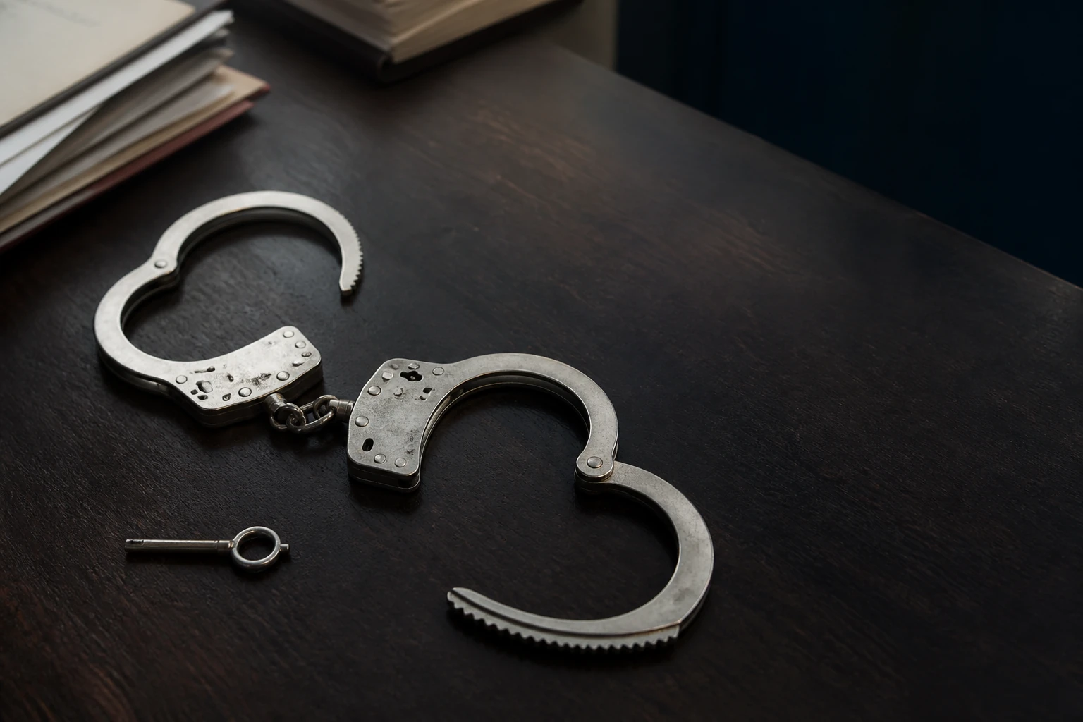 Opened handcuffs and a key representing the path from custody to release